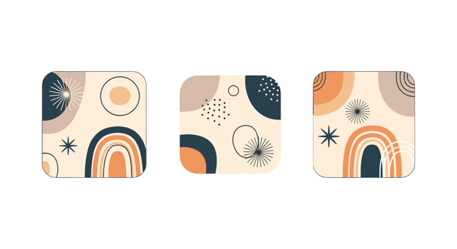Three unique abstract square icons feature minimalist celestial elements like rainbows and stars in earthy terracotta tones.