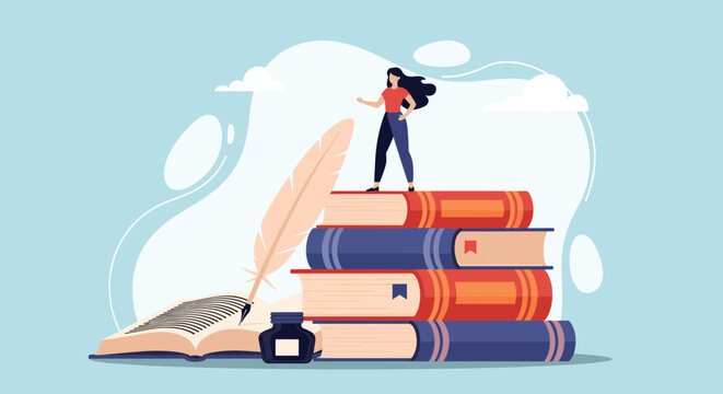 Confident woman stands on top of a tall stack of colorful books next to an open book, a quill pen, and a small inkwell.