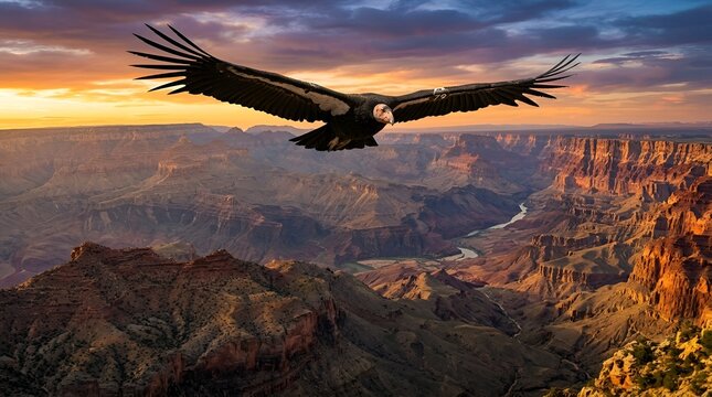 Condor soaring over grand canyon during golden hour with bird of prey rock formations national park landscape wildlife wingspan outdoors adventure majestic atmosphere aigrette