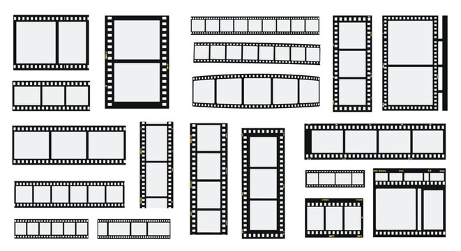 Set of black camera film strips and frames of various lengths and orientations are displayed for photography themes.