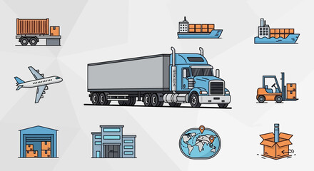 Logistics and transportation icons collection with truck ship plane and warehouse. © Raden