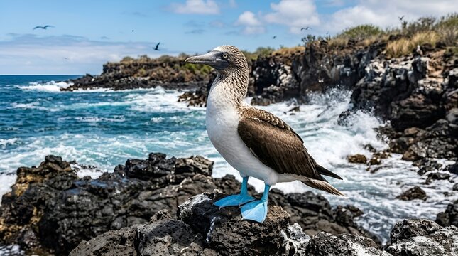 Blue-footed booby perched on volcanic rocks by the sea in the galapagos islands with blue feet marine bird wildlife photography animal portrait unique animal national park travel destination