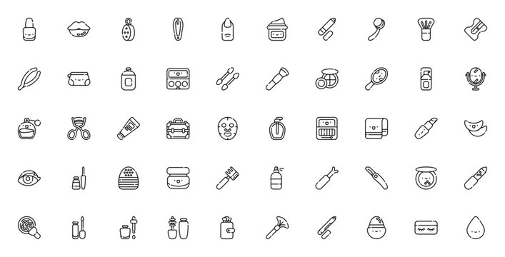 Make up icon set. Beauty vector icon set. Minimalist icon pack. Includes symbols for nail polish, lips, sponge, brush, makeup and more. Editable vector stroke.