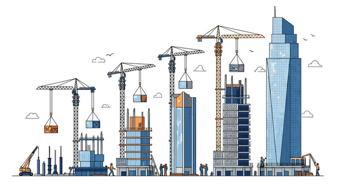 Detailed illustration shows various stages of building construction from basic structures to a finished glass skyscraper.