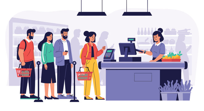 Group of diverse people standing in a queue at a supermarket checkout counter with a female cashier scanning groceries.