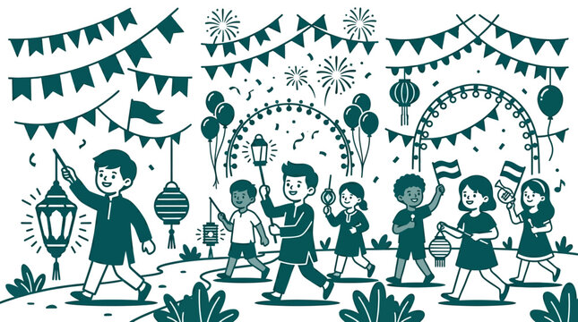 Children Celebrating Festival with Lanterns and Decorations