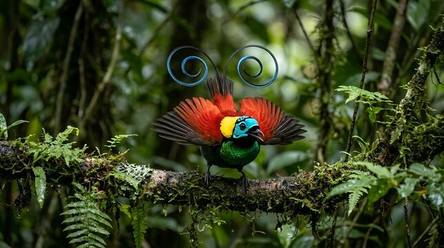 Raggiana bird-of-paradise displaying in a dense rainforest environment with tree branch wildlife photography rainforest wildlife tropical feathers greenery biodiversity ecosystem papua new