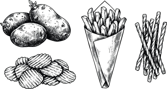 Vintage potato snack collection featuring french fries chips and crispy stick illustrations