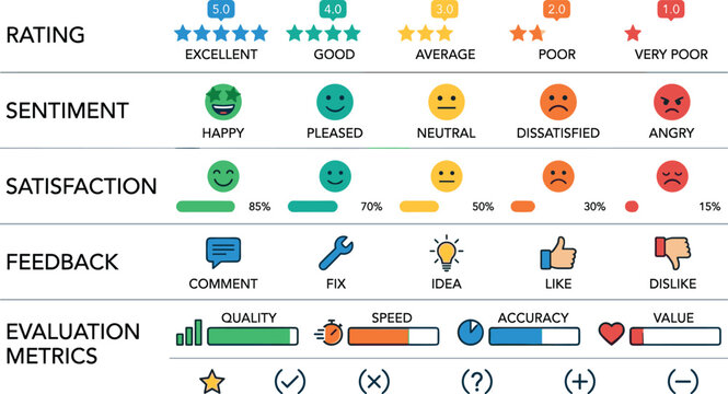 Customer feedback rating vector infographic with satisfaction sentiment evaluation metrics and user review interface elements