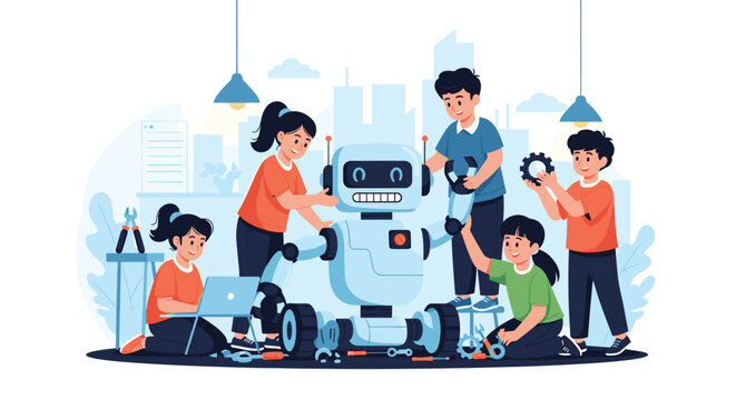 Group of clever children working together in a science laboratory to build and program a large modern robot.