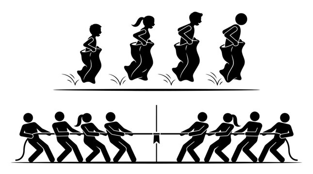 Children and adults engaging in sack race and tug-of-war