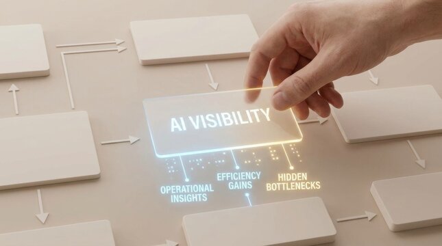 Hand pressing visibility button to activate ai system that reveals insights and enhances workflow management