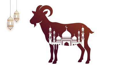 Fototapeta premium Eid al-Adha Elegant silhouette of a goat featuring a detailed mosque illustration within, adorned with traditional lanterns, symbolizing a joyous religious celebration