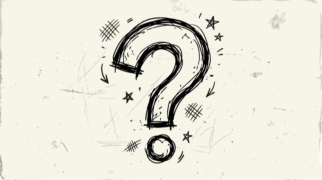 Hand-drawn question mark doodle with arrows and stars on textured background