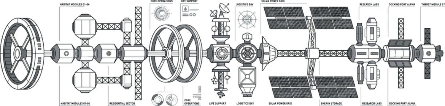 Detailed futuristic space station schematic vector illustration with modular orbital structures solar arrays and engineering blueprint design