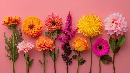 Obraz premium Colorful Floral Arrangement on Pink Background with Various Flower Types Showcasing Vibrant Petals and Lush Greenery for Creative Inspiration