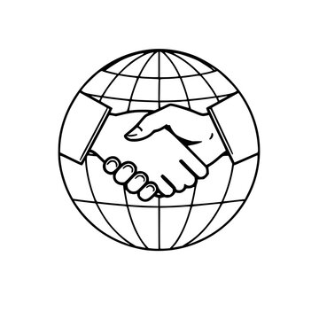 Corporate style vector icon of a handshake over a digital globe, global partnership symbol, modern flat design, white background. set with simple line art design featuring line art, illustrations, ...