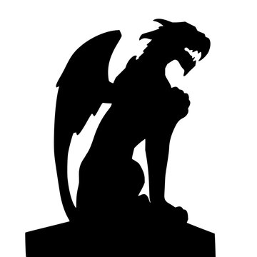 Stone gargoyle set with solid black silhouette of a stone gargoyle perched on gothic architecture against white background featuring gothic architecture, sharp pose, stone texture and white background