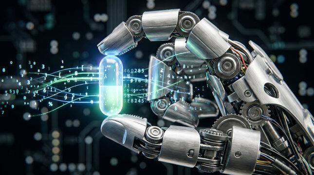 Robotic mechanical hand, with glowing translucent medical capsule emitting data streams, gripping tightly, dark circuit board background, 3D digital render