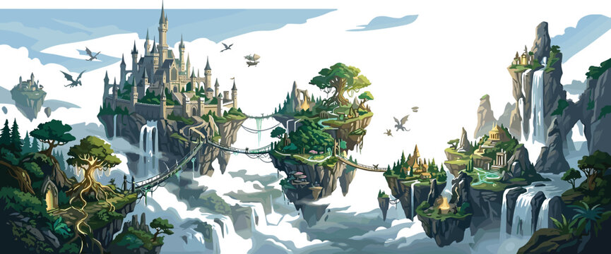 Fantasy floating island kingdom vector illustration with sky bridges waterfalls and magical aerial landscape civilization concept