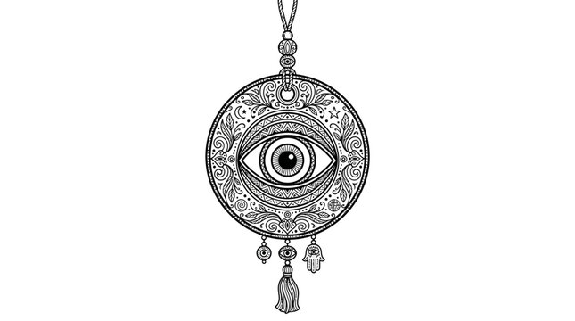 Mystic Eye Amulet Black and White Illustration - Esoteric Symbol