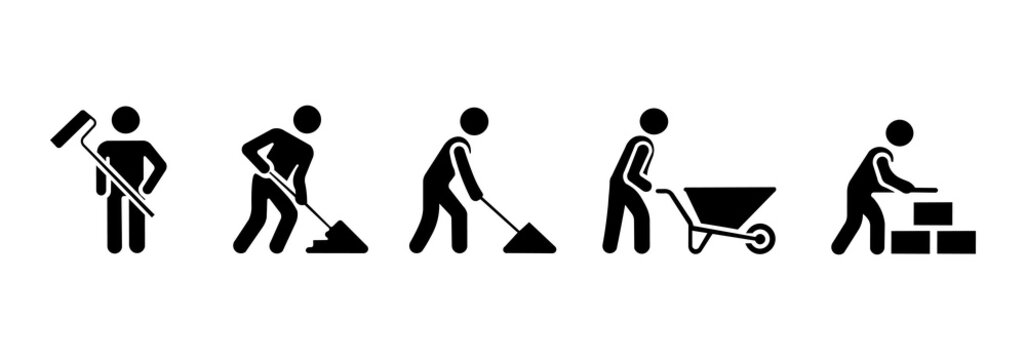 Construction worker activity silhouette icon set, stickman working pack