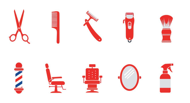 Barber Shop Tools and Equipment Icons Set - Red Color Palette