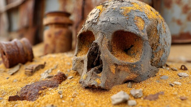 Hyperrealistic human skull half buried in golden desert sand with scattered rusted metal debris, detailed weathered bone texture, eerie dramatic overhead composition