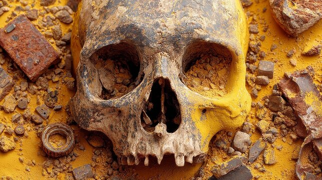 Hyperrealistic human skull half buried in golden desert sand with scattered rusted metal debris, detailed weathered bone texture, eerie dramatic overhead composition