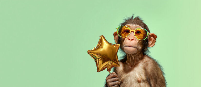 Funny chimpanzee monkey wearing sunglasses ready to celebrate, and holding a gold star balloon against a light green background, celebration concept background with the copyspace