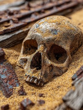 Hyperrealistic human skull half buried in golden desert sand with scattered rusted metal debris, detailed weathered bone texture, eerie dramatic overhead composition