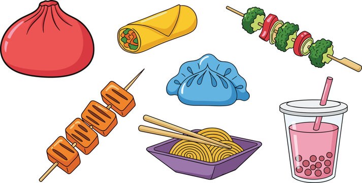 Asian Food Vector Set with Dumplings, Spring Roll, Skewers, Noodles, and Bubble Tea Drink in Flat Colorful Style for Restaurant and Culinary Designs