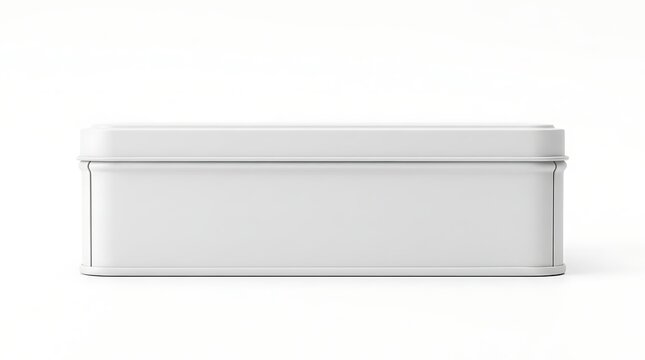 A rectangular white tin box viewed from the front on a white background with container rectangular packaging