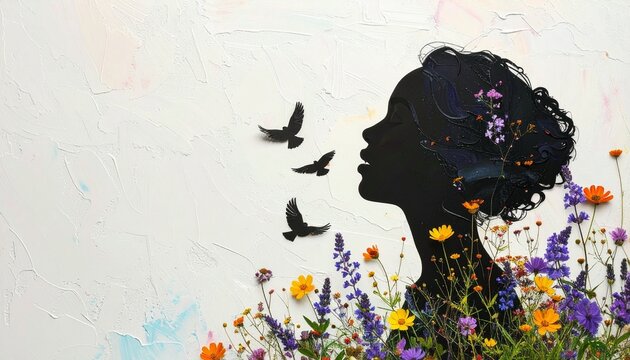 A Silhouette of a Woman's Profile Emerging from a Vibrant Field of Wildflowers and Birds in Flight