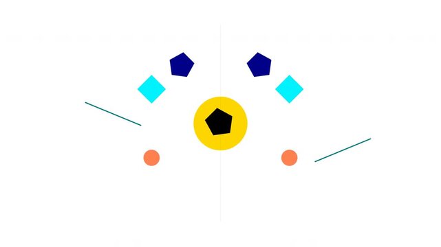 Artistic abstract geometric design featuring central black pentagon, yellow circle, light blue squares, dark blue hexagons, and two small orange circles, with connecting lines on a white background