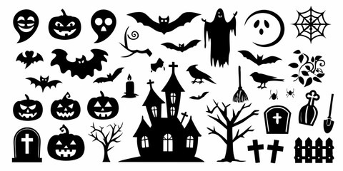 Obraz premium halloween silhouettes collection with bats pumpkins and haunted house