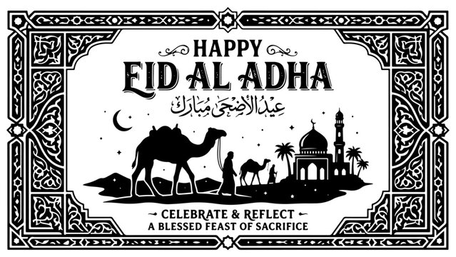 Happy Eid al-Adha greeting card with camels, mosque, and desert scene, celebrating the blessed feast of sacrifice with decorative borders.