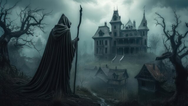 Mysterious figure gazes at an old mansion in a misty landscape