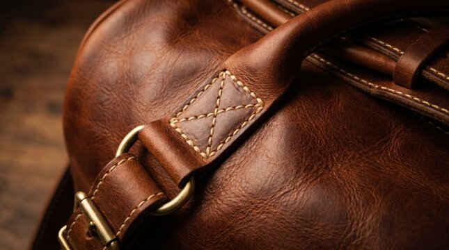 Close-up of a genuine leather duffle bag strap and stitching detail with stitching close-up material accessory