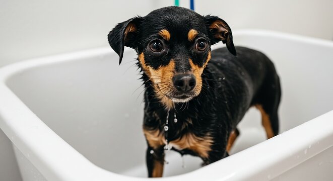 明るい室内で小さな黒と茶色の犬が白い浴槽の真ん中に立ちシャンプーを終えたばかりの濡れた体を輝かせる 毛先からポタポタと水滴が落ちる中澄んだ大きな瞳でカメラをじっと見つめる愛くるしい表情が印象的. AI Generated