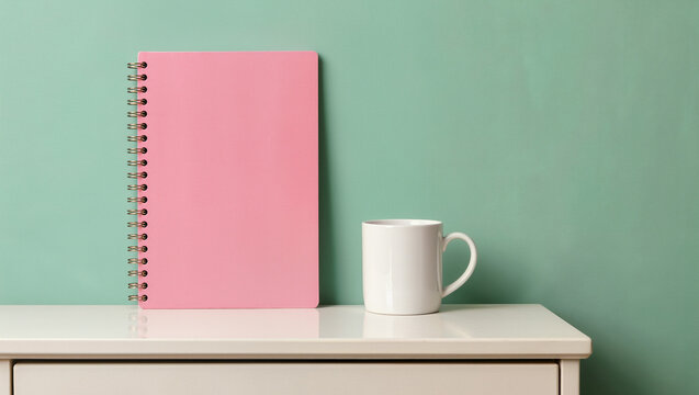 Pink Spiral Notebook and White Coffee Mug on Minimalist Desk