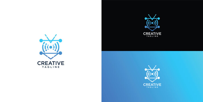Futuristic digital media emblem design integrating secure broadcast communication and creative content distribution with advanced network signal technology