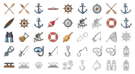 Nautical Icons Collection: Anchors, Wheels, Compasses, Boats, Fishing Gear, Life Buoys © Yumna