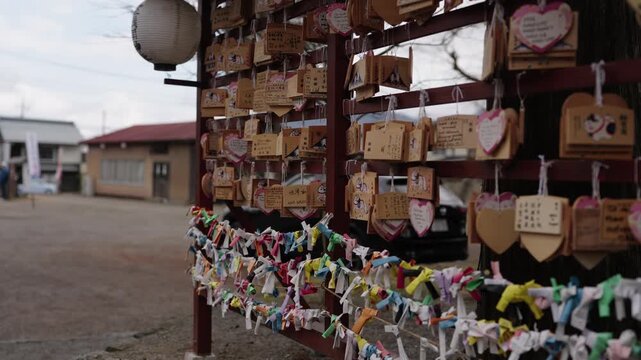 Wooden ema votive plaques and colorful origami paper wishes hanging on shrine rack Japan