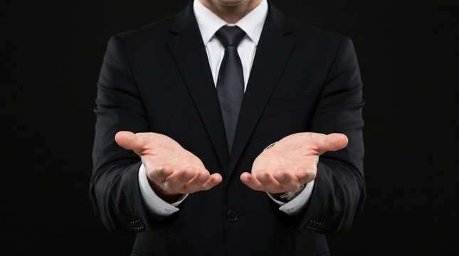 Man in a suit with open hands presenting or asking for something offering presenting business clothing question