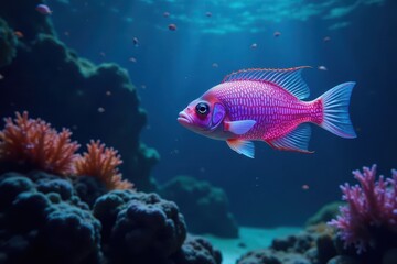 Fototapeta premium Bioluminescent fish swim under glowing sea fans, glowing sea fans, moonlight