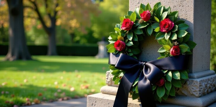 Black ribbon wrapped around a wreath on a stone monument, stone, remembrance