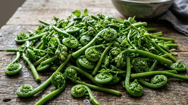 Freshly Harvested Fiddlehead Ferns on Rustic Wooden Surface.