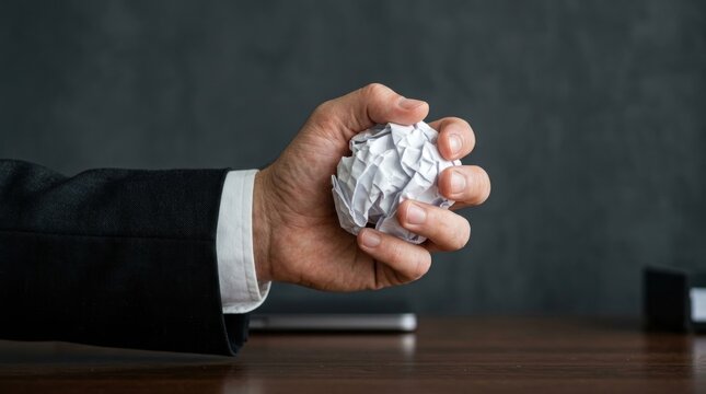 Frustrated businessman crushing paper ball in hand.