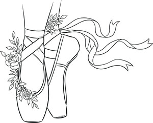 Black and white minimalist outline vector drawing of ballerina feet in pointe shoes decorated with romantic roses © MDMAHABUR